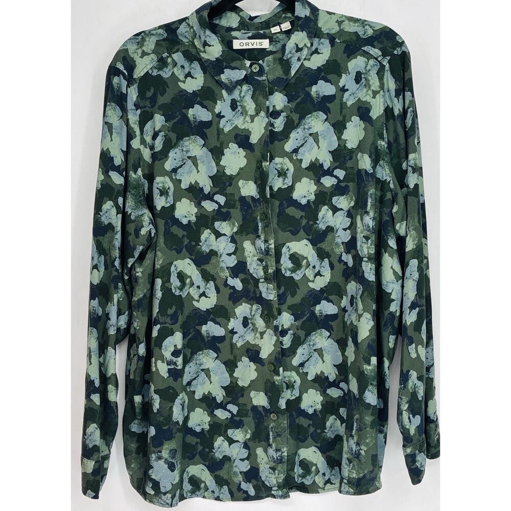 Orvis 100% Silk Floral Button Front Blouse Women’s XL Olive Green Watercolor - Picture 2 of 6